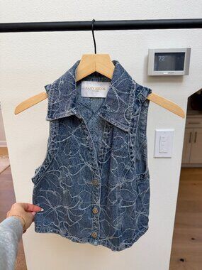 Ramy Brook Deacon Floral Embroidered Denim Vest Indigo Blue Size S